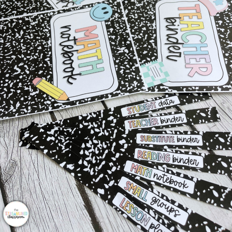 Close-up of printed composition notebook-style binder covers labeled 'Math Notebook' and 'Teacher Binder,' with coordinating spine labels like 'Student Data,' 'Substitute Binder,' and 'Small Groups' in pastel text on a wood surface.