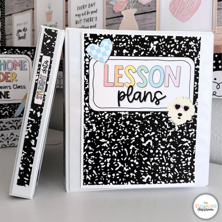 A 'Lesson Plans' binder cover displayed in a clear white binder with a coordinating 'Student Data' binder next to it. Both use a black and white speckled composition notebook design with pastel text and fun sticker-style accents. Decorative classroom posters are in the background.