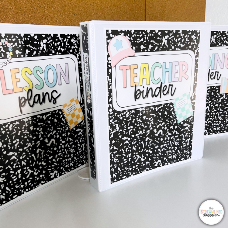 Three assembled white binders with printed composition notebook-style covers labeled 'Teacher Binder' and 'Lesson Plans' in pastel rainbow colors. Binders are displayed upright on a white desk against a corkboard background.