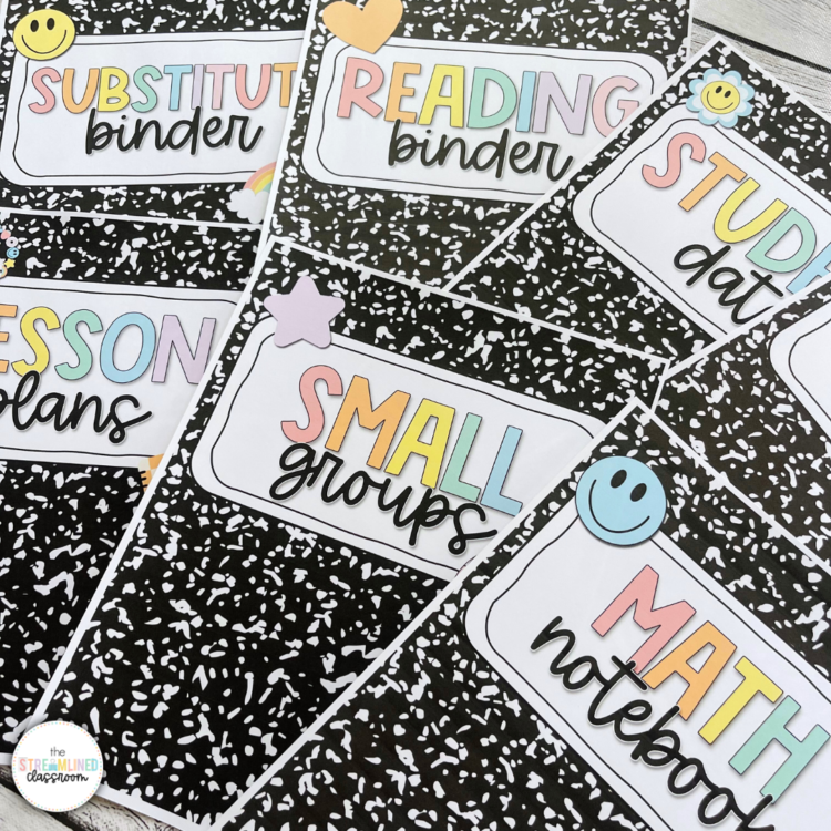 Flat lay of printed composition notebook-themed binder covers labeled 'Substitute Binder,' 'Reading Binder,' 'Student Data,' 'Lesson Plans,' 'Small Groups,' and 'Math Notebook,' with pastel letters and playful sticker-style icons.
