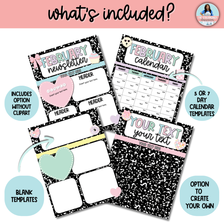 A breakdown of included calendar and blank template options. The pink header says "What's Included?", with arrows pointing to features: 5 or 7-day calendar templates Blank templates for full customization Option to create without clipart The black composition notebook background remains consistent, with soft pastel design elements.