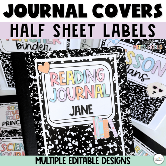 A composition notebook-themed journal cover with an editable label that says "Reading Journal" in pastel letters and "Jane" below. The label is decorated with a small heart and a stack of books. Above, a banner reads "Journal Cover Templates - Half Sheet Labels" with colorful text and icons, including a smiley face and ghost. The words "Editable" appear at the bottom left corner.