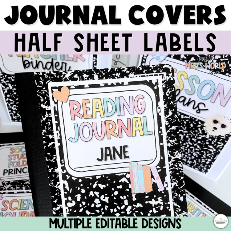 A composition notebook-themed journal cover with an editable label that says "Reading Journal" in pastel letters and "Jane" below. The label is decorated with a small heart and a stack of books. Above, a banner reads "Journal Cover Templates - Half Sheet Labels" with colorful text and icons, including a smiley face and ghost. The words "Editable" appear at the bottom left corner.