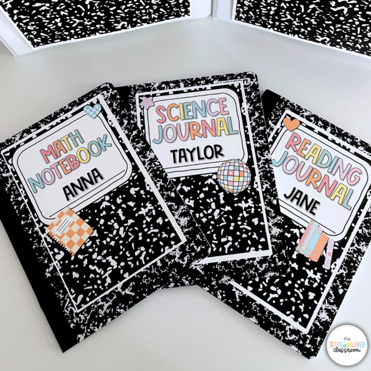 Three composition notebooks labeled “Math Notebook – Anna,” “Science Journal – Taylor,” and “Reading Journal – Jane,” each with colorful text and cute clipart like hearts, books, and disco balls. The journals are displayed on a white surface with more composition-themed folders in the background.