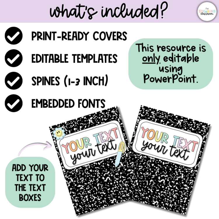 Graphic showing what's included in the binder cover set: print-ready covers, editable templates, 1-3 inch spines, and embedded fonts. Includes a note that the resource is only editable in PowerPoint, with two sample covers labeled 'Your Text' in pastel colors.