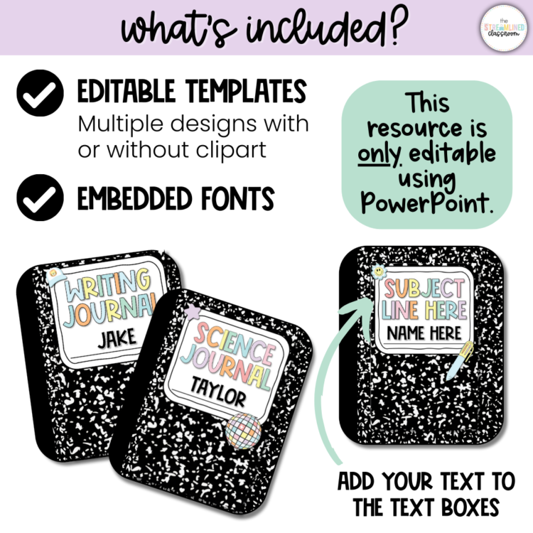 A graphic titled "What's included?" showing two editable journal cover templates: "Writing Journal – Jake" and "Science Journal – Taylor" with pastel rainbow text and clipart on black-and-white composition backgrounds. A third template with placeholders says "Subject Line Here – Name Here" and has a pencil illustration. Text explains that editable templates and embedded fonts are included, and the resource is only editable in PowerPoint.