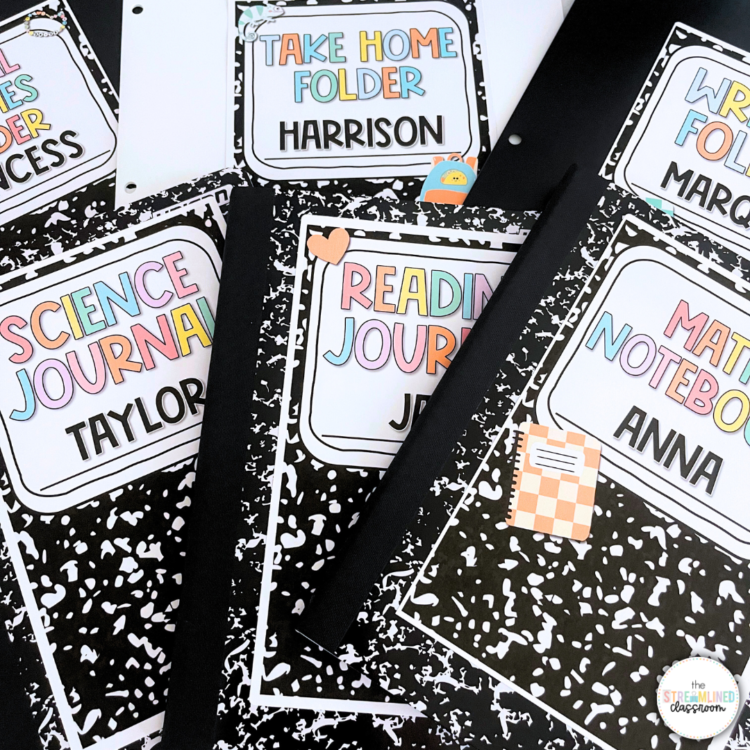 A set of labeled student folders and notebooks, including “Take Home Folder – Harrison,” “Writing Folder – Marcus,” “Science Journal – Taylor,” “Reading Journal – JR,” and “Math Notebook – Anna.” Labels are in pastel rainbow colors on composition notebook covers with cheerful clipart and icons.
