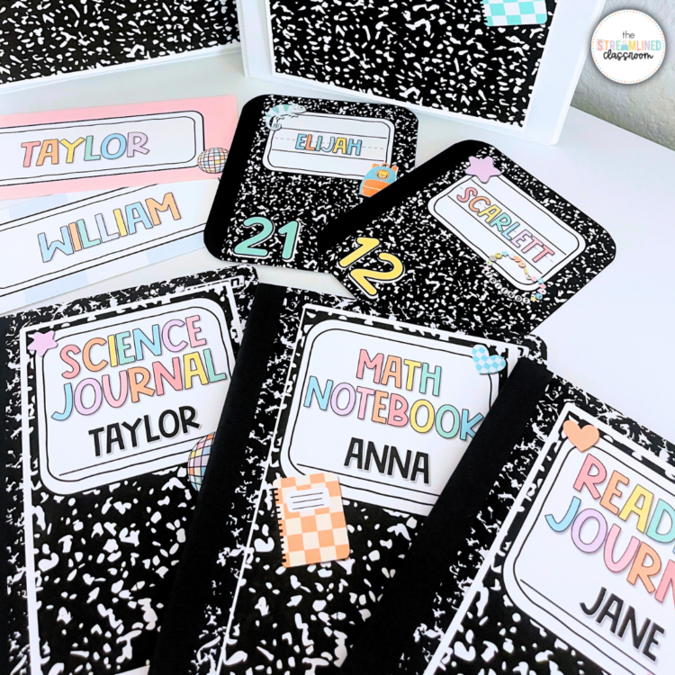 A variety of student journal and folder covers laid out, each with a colorful name label on a composition notebook background. Visible labels include names like Taylor, William, Elijah, Scarlett, Anna, and Jane on items such as “Science Journal,” “Math Notebook,” and “Reading Journal.” The labels feature playful clipart and pastel colors.