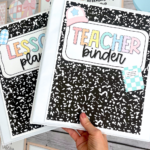 Colorful teacher binder covers with a composition notebook design held in front of a pastel-themed classroom bulletin board.