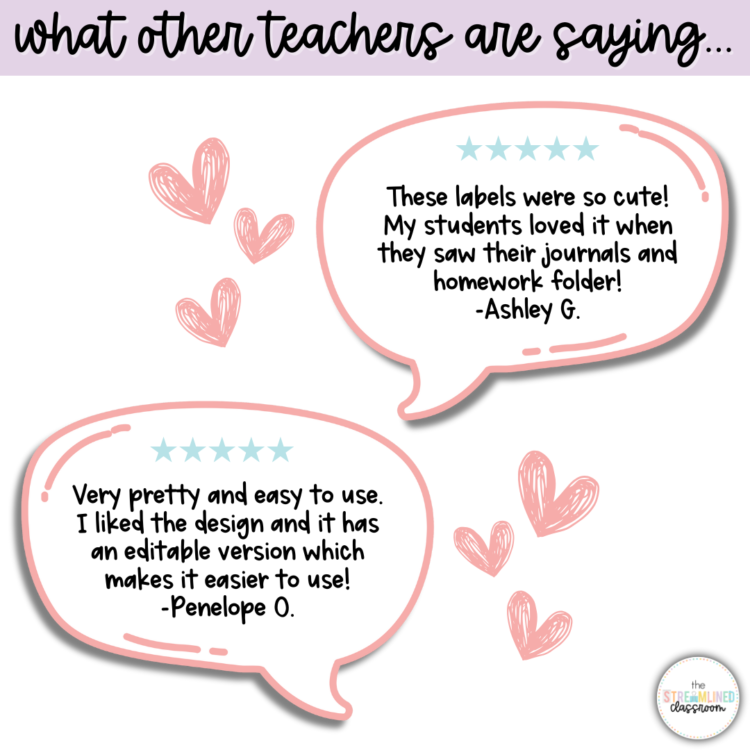 A testimonial-style graphic titled "What other teachers are saying..." featuring two review quotes in speech bubbles with heart doodles. One quote praises the cute labels and how much students loved them. The second highlights how easy the editable version is to use. The graphic includes a pastel logo for "The Streamlined Classroom" in the bottom corner.