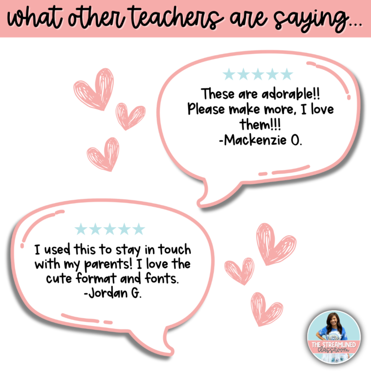 A pink and white testimonial graphic with two speech bubble-style reviews from teachers. The reviews say: ⭐️⭐️⭐️⭐️⭐️ "These are adorable!! Please make more, I love them!!!" - Mackenzie O. ⭐️⭐️⭐️⭐️⭐️ "I used this to stay in touch with my parents! I love the cute format and fonts." - Jordan G. Hand-drawn pink hearts add a fun, lighthearted touch.