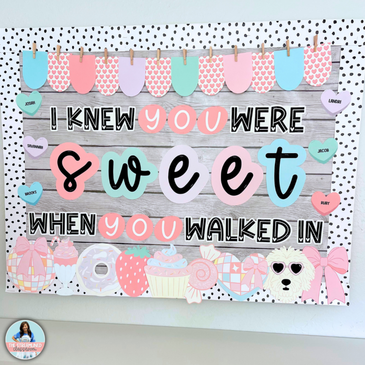 A full view of a classroom door or bulletin board decorated with the Valentine’s Day kit, featuring candy hearts, student names, decorative pennants, and sweet-themed clipart. The phrase "I Knew You Were Sweet When You Walked In" is the centerpiece, making it a perfect Taylor Swift-inspired classroom display.