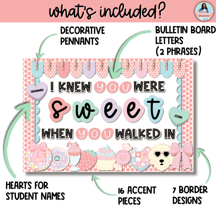 A breakdown of what's included in the set, featuring editable candy hearts, decorative pennants, bulletin board letters, printable borders, and accent pieces like donuts and milkshakes. Arrows highlight key elements, showing how each piece can be used for a Valentine’s-themed classroom door or bulletin board.