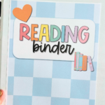 Aesthetic reading binder cover featuring a pastel checkerboard background in soft blue. The cover has the words 'Reading Binder' in a playful rainbow font with a cute book illustration and an orange heart accent. This editable binder cover is perfect for teachers, students, and classroom organization. Great for lesson planning, school binders, or student reading logs!