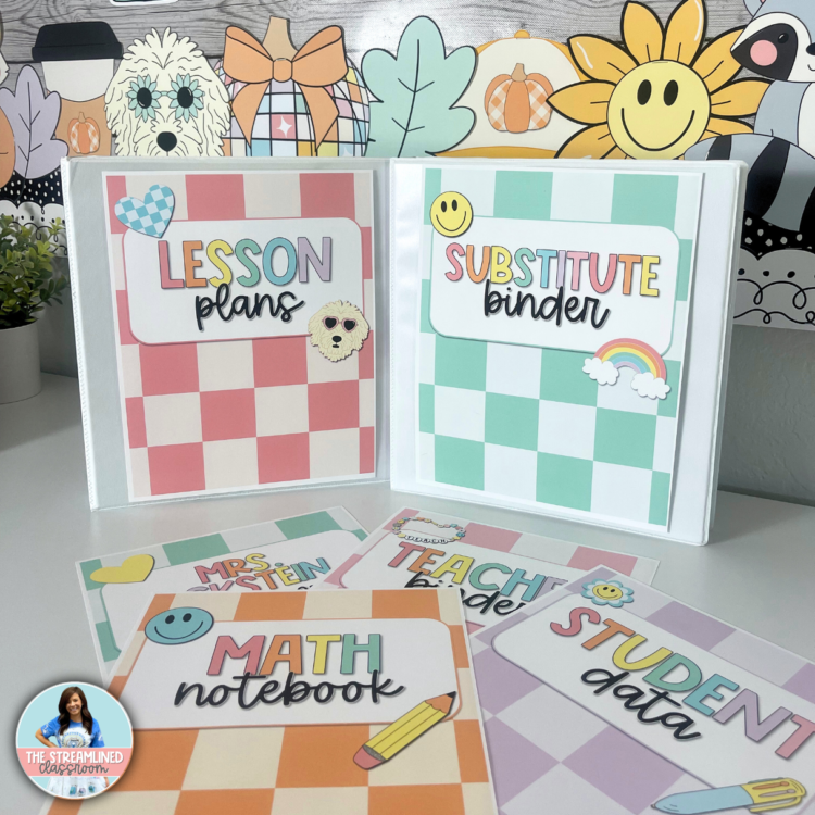Two open binders with pastel checkerboard binder covers, labeled “Lesson Plans” and “Substitute Binder.” Additional covers for math notebooks, student data, and teacher binders are spread out on a desk.