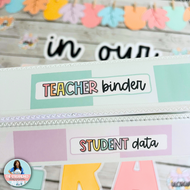 close-up of printed binder spines inside plastic sleeves, labeled “Teacher Binder” and “Student Data” in pastel checkerboard designs, placed over a decorated classroom bulletin board.