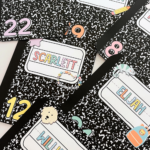 A set of black-and-white composition notebook-themed locker or cubby tags with pastel-colored names and numbers. Each tag features trendy 90s-inspired clipart, including a pencil, hat, and a friendship bracelet.