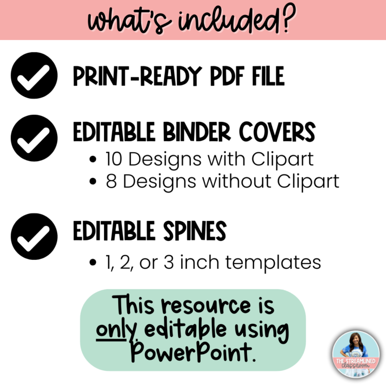 A “What’s Included” checklist showcasing editable binder covers, binder spines in multiple sizes, and printable PDFs. A reminder notes that the resource is only editable using PowerPoint.