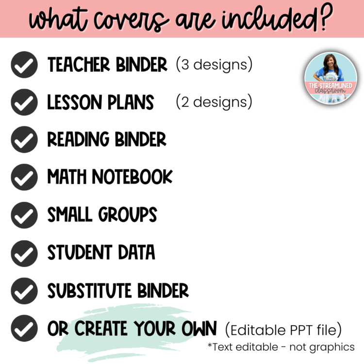 A list of included binder cover designs, featuring options like lesson plans, reading binder, math notebook, student data, small groups, and substitute binder. The final option allows users to create their own.