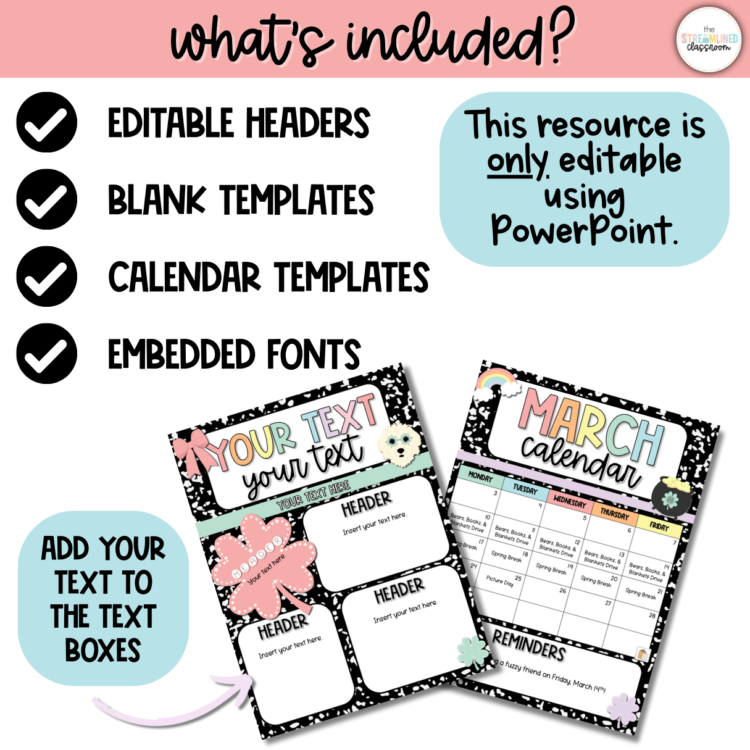 Overview of what's included in the March newsletter template set, highlighting editable headers, blank templates, calendar options, and embedded fonts.