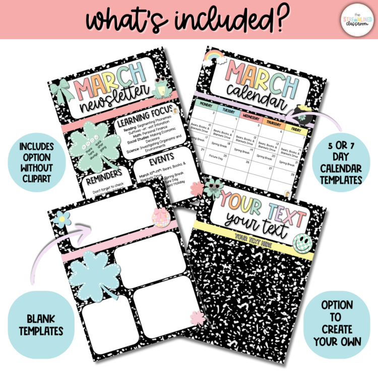 Preview of March newsletter templates, including editable designs for newsletters and calendars with a black and white composition notebook background.