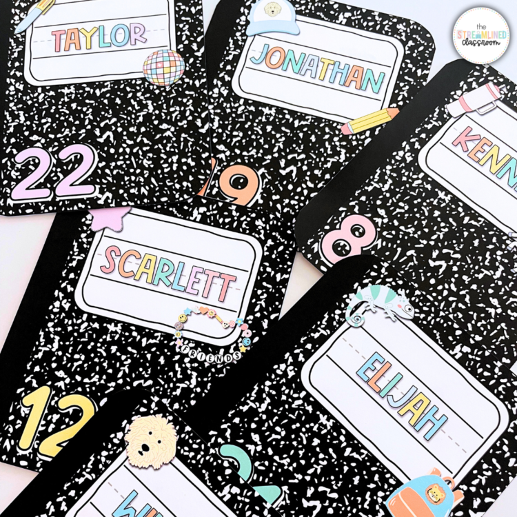 A set of black-and-white composition notebook-themed locker or cubby tags with pastel-colored names and numbers. Each tag features trendy 90s-inspired clipart, including a pencil, hat, and a friendship bracelet.