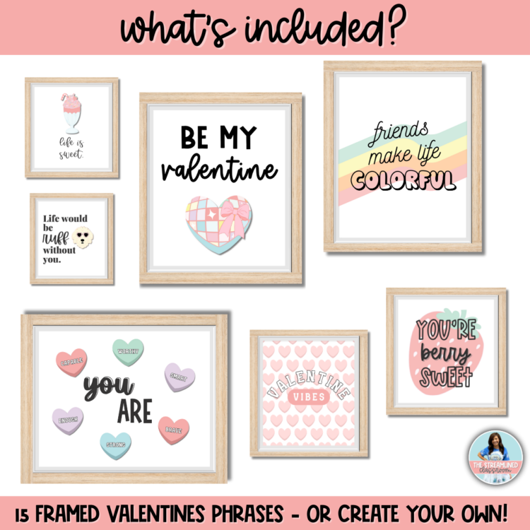 An overview of 15 framed Valentine’s quotes, each in a wood-look frame. Quotes feature pastel colors, candy hearts, and cute illustrations like milkshakes and bows.