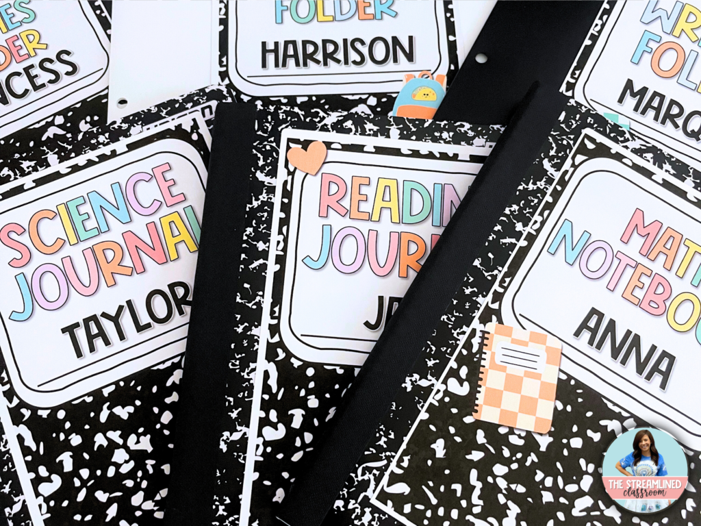 A collection of black-and-white composition notebook-themed labels for student journals, folders, and notebooks. Each label features pastel-colored, bold lettering with subject titles such as "Science Journal," "Reading Journal," "Math Notebook," and personalized student names. The aesthetic design is both trendy and practical for classroom organization.