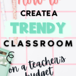 A Pinterest pin with a pastel and trendy design featuring the text "How to Create a Trendy Classroom on a Teacher’s Budget." The background includes a wavy, mint green and pink grid pattern with a mint green calculator and decorative pens, creating a stylish and organized aesthetic.