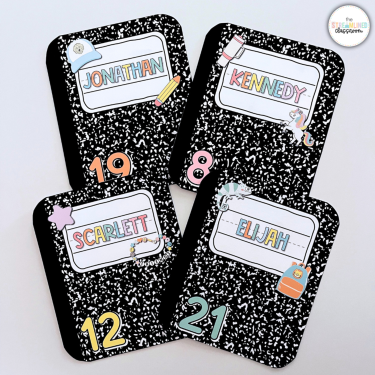 Four composition notebook-style locker tags with editable name labels, pastel numbers, and optional clipart designs.
