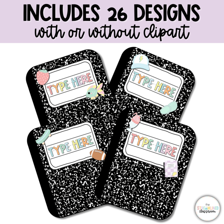 A preview of four editable locker tags with placeholder text, "TYPE HERE," showcasing different clipart options. The banner at the top states, "Includes 26 Designs with or without Clipart."