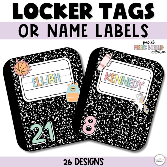 A product cover image featuring two composition notebook-themed locker tags with pastel names and numbers. The banner at the top reads, "Student Locker Tags or Name Labels," with a pastel, 90s-inspired "Pastel Meets World" design.