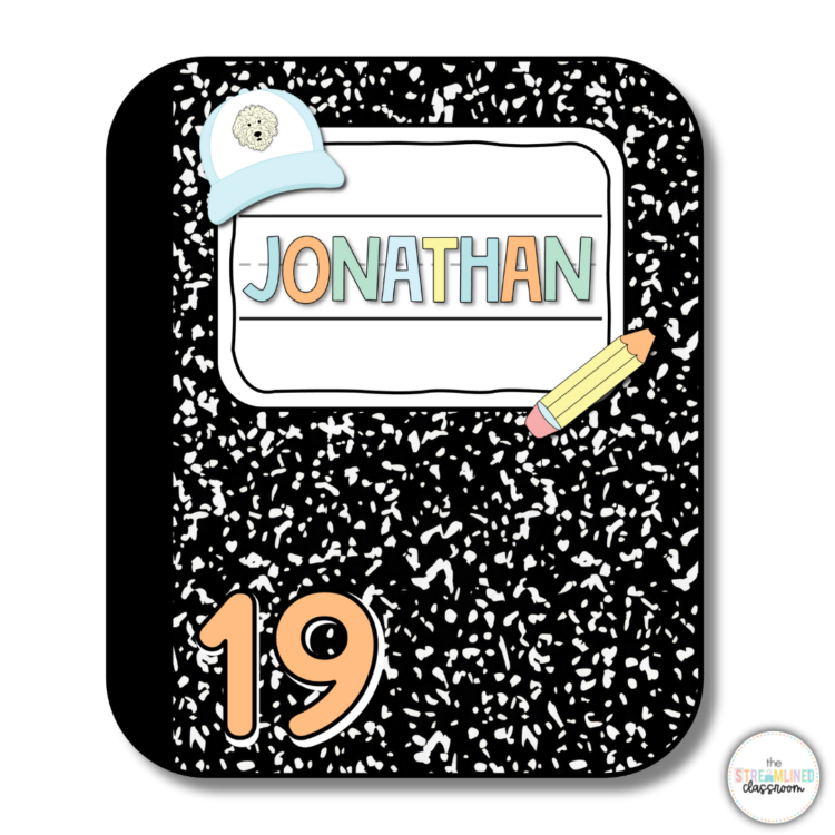 A single editable student locker tag in a black-and-white composition notebook style. The name "Jonathan" is displayed in colorful pastel letters. Clipart of a light blue hat with a doodle and a yellow pencil add a fun, 90s-inspired touch. The number 19 appears in peach and white at the bottom left corner.