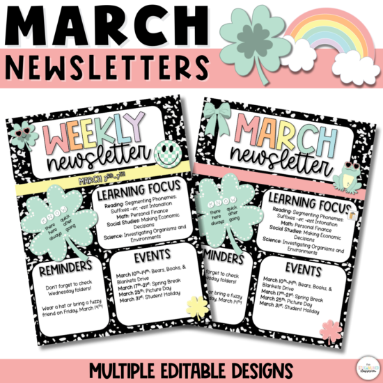 Cover image for the March newsletter templates, showcasing multiple editable designs with a St. Patrick’s Day and spring theme.