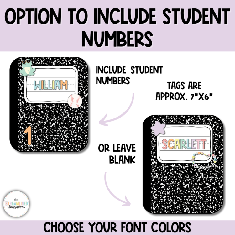A graphic showing customization options for the locker tags. One example includes a student number, while the other is left blank. The text highlights the tags' approximate size (7" x 6") and the ability to choose font colors.