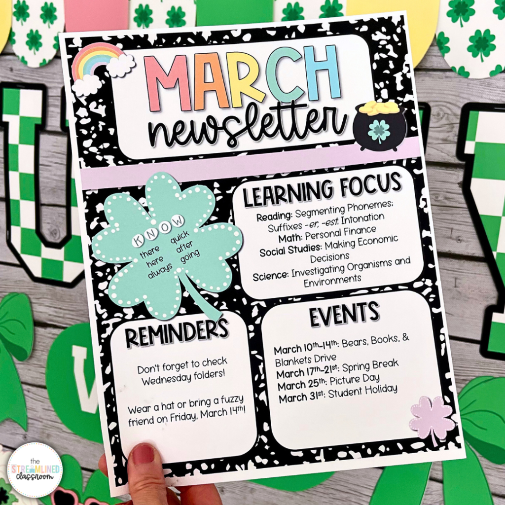 Hand holding a printed March newsletter template with a shamrock design, featuring sections for learning focus, reminders, and events.