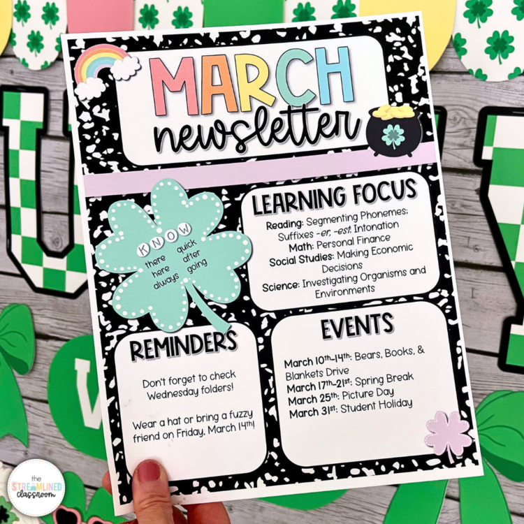 Hand holding a printed March newsletter template with a shamrock design, featuring sections for learning focus, reminders, and events.