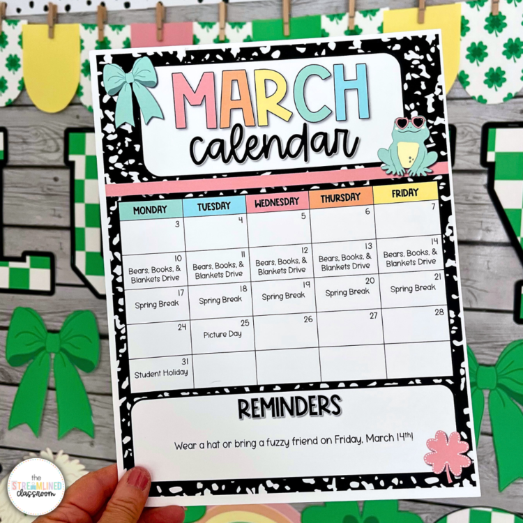 March calendar template with a black and white composition notebook background, editable headers, and festive St. Patrick’s Day-themed elements.
