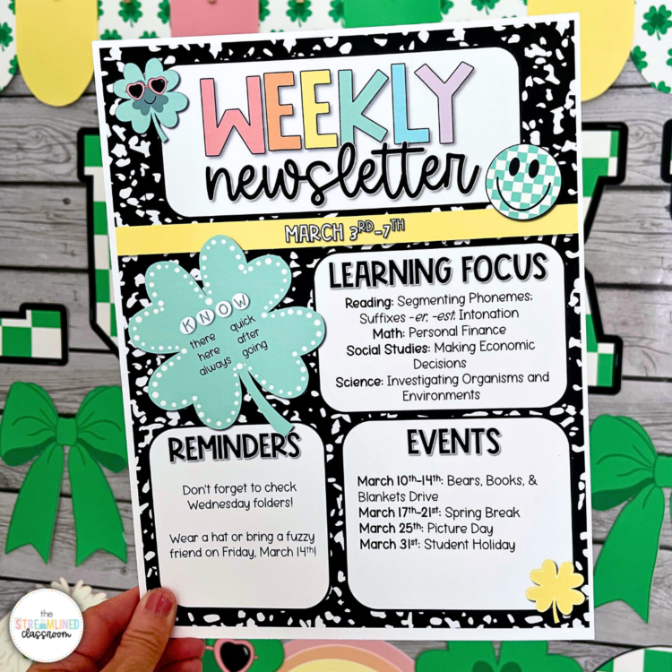 Weekly newsletter template with pastel-colored text, shamrocks, and a black and white composition notebook design for classroom communication.