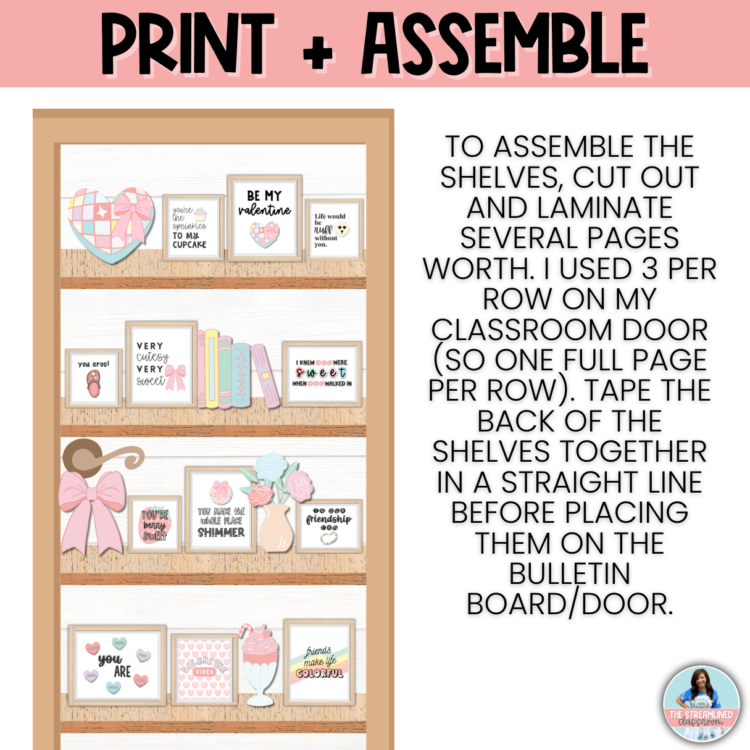 A step-by-step visual explaining how to print, cut, and laminate the shelves to create a realistic bulletin board display. Text describes how to align and tape the shelves together for a seamless look.