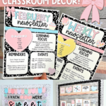 A collage showcasing various Valentine's Day classroom decor ideas, including February and weekly newsletter templates with a black-and-white composition notebook design and pastel hearts, an aesthetic bulletin board with framed Valentine’s Day quotes, and a "Sweet" themed Swiftie-inspired bulletin board. The text overlay reads, "The Prettiest Valentine’s Day Classroom Decor!" with a pink bow accent.
