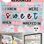 A combination of Valentine’s Day classroom decor elements, including a pastel-colored Swiftie-inspired bulletin board with heart name tags and candy-themed accents, stylish February and weekly newsletter templates, and a framed quote bulletin board for a cozy classroom vibe. The text overlay reads, "3 Must-Have Valentine’s Day Resources" in bold black and pink typography.