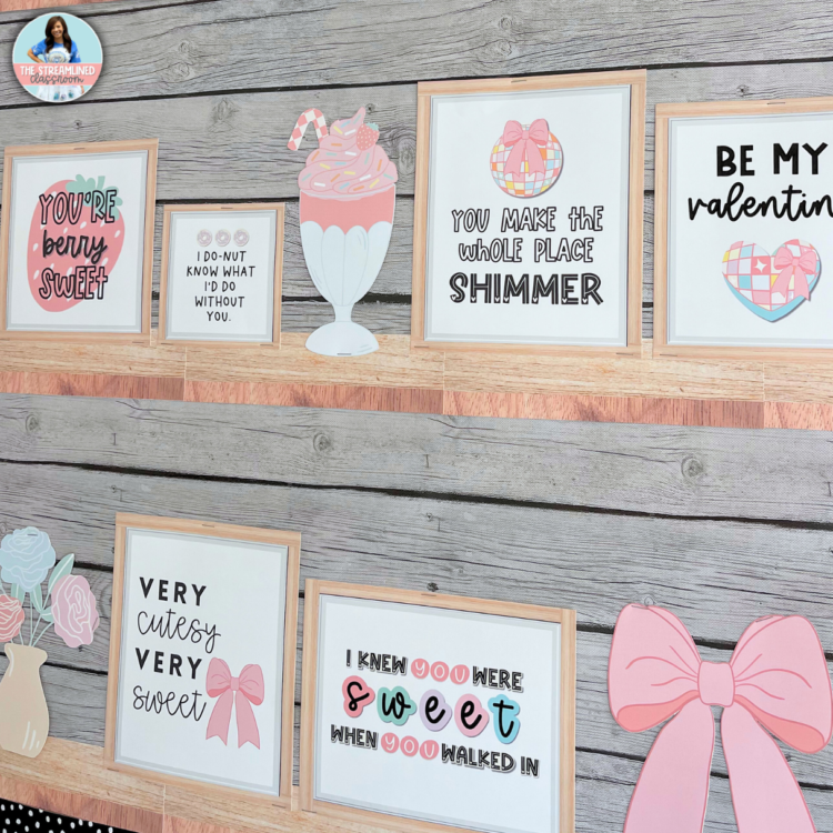 A close-up of wood-look shelves holding framed Valentine’s quotes, bows, and pastel clipart elements like a milkshake, heart, and books. The layout mimics a styled bookshelf.