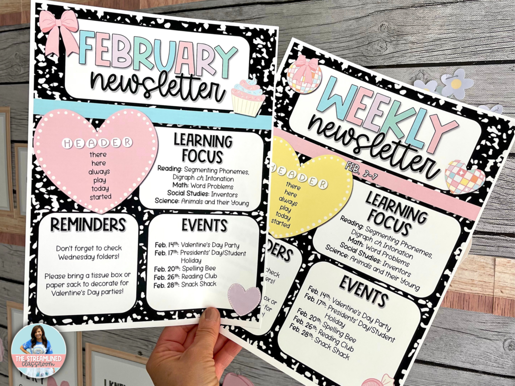 A photo of a person holding two printed February newsletter templates against a classroom decor background. The black-and-white composition notebook-style background contrasts with pastel-colored elements, including bows, hearts, and cupcakes. The text fields showcase learning focus, reminders, and event sections.