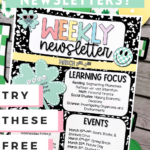 A colorful weekly newsletter template for a classroom, detailing learning focuses and upcoming events for the week of March 3rd to 7th, with a call to try free editable newsletter templates for teachers.