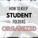 A Pinterest pin featuring the text "How to Keep Student Folders Organized" over a background of composition notebook-style folder labels. The labels display student names and subjects like "Writing Folder" in a trendy, pastel color scheme, creating a visually appealing and organized classroom aesthetic.