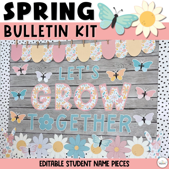 Spring Bulletin Board Kit featuring 'Let's Grow Together' text with floral and butterfly decorations in pastel colors.