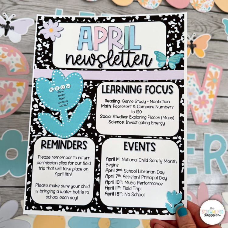 Close-up of monthly April newsletter with pastel spring colors; includes sections for learning focus, reminders, and classroom events.