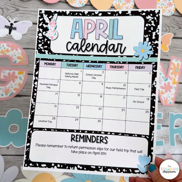 Editable April calendar template with 5-day layout and reminders section; decorated with pastel spring-themed clipart and bold black background.