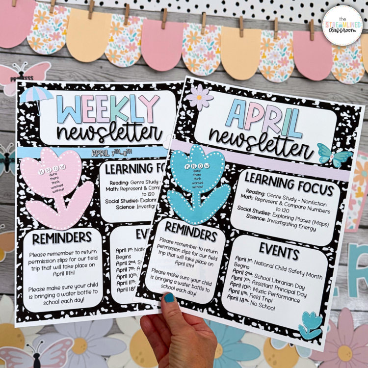Two printed April classroom newsletter templates held in front of pastel spring classroom decor; includes learning focus, reminders, and events.
